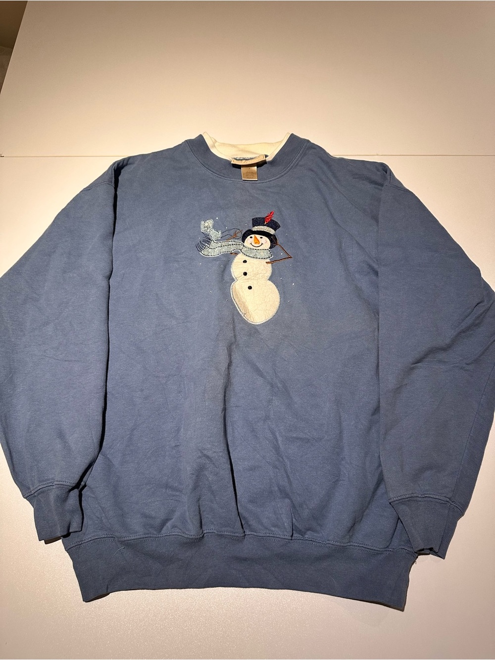 Women’s Blue Crewneck Sweater with Snowman Motif